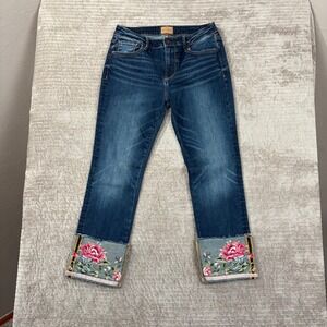 Driftwood Colette Floral Embroidered Cuffed Jeans Dark Wash Straight Leg 28x26